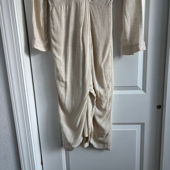 By Anthropologie V-Neck Knot Front Linen Midi Dress 6P Cream Minimalist Neutral - Picture 10 of 13